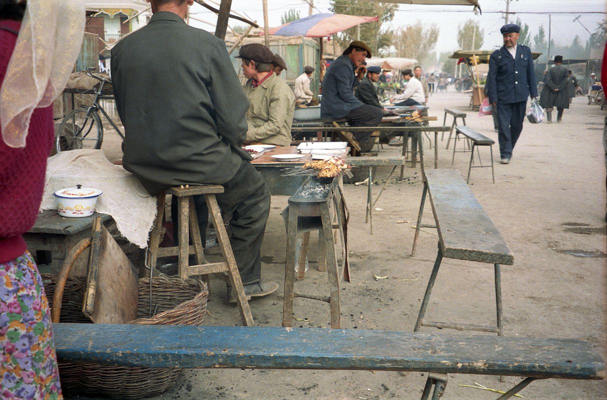 18 Kashgar Old City Street Scene 1993 Street Vendor Cooking Shish Kebobs